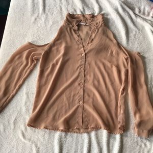 Tan sheer shoulder cut out button down
